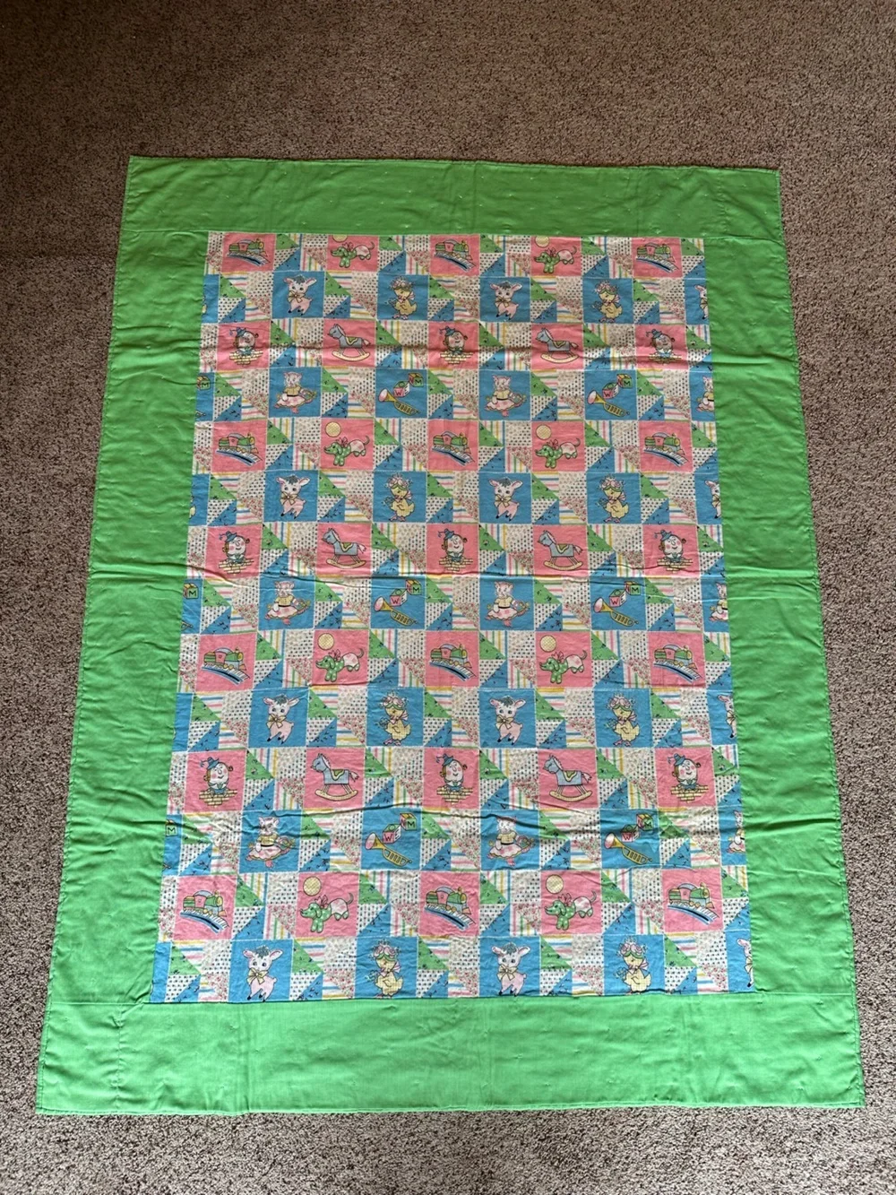 Vtg Baby Quilt Blanket 61.5” L  X 47” W Humpty Lamb Dog Train Doll Nursery Rhyme